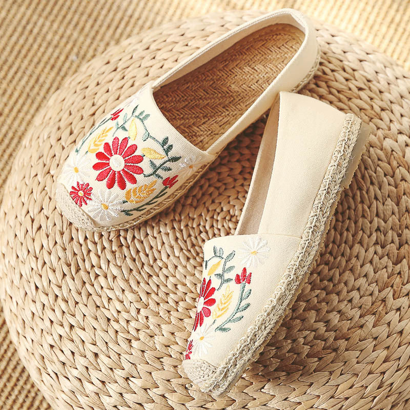 Spring New Straw Linen Shoes Ethnic Style Embroidery Flower Women'S Single Shoes Breathable And Sweat-Absorbing Flat Bottom Shoes