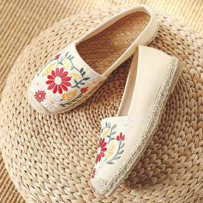 Spring New Straw Linen Shoes Ethnic Style Embroidery Flower Women'S Single Shoes Breathable And Sweat-Absorbing Flat Bottom Shoes