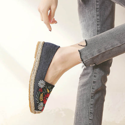 Spring New Straw Linen Shoes Ethnic Style Embroidery Flower Women'S Single Shoes Breathable And Sweat-Absorbing Flat Bottom Shoes
