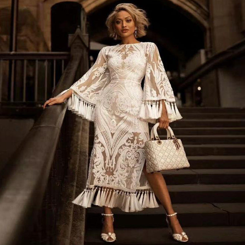 Women'S Banquet Party Evening Dress Lace Embroidered Fringed Dress Two-Piece