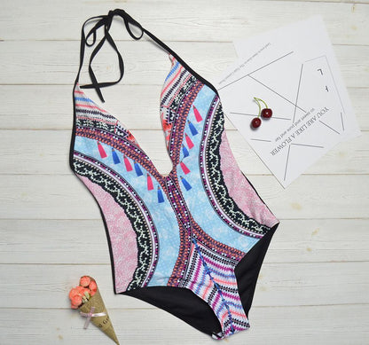 New Printed Color-Blocking Geometric One-Piece Swimsuit