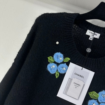 CC Floral Long-Sleeved Sweater Black Wool Nylon 345974