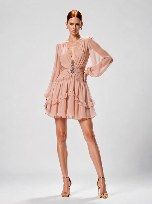 Aurelia Cut-out Chiffon Mini Dress with Cinched Waist