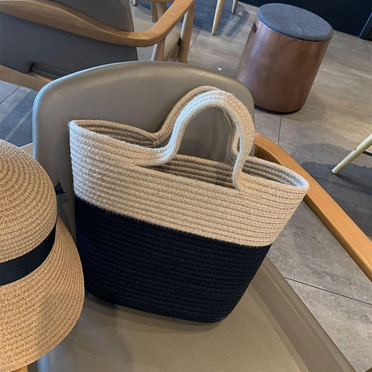 Color Block Straw Woven Handbag