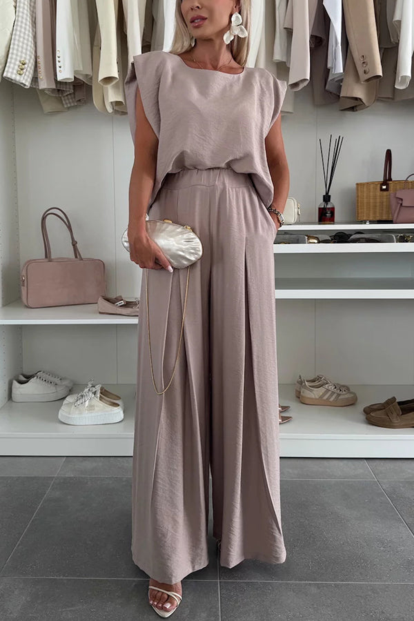 Santie Round Neck Cape Sleeve Loose Top and Elastic Waist Pocket Wide Leg Pants Set