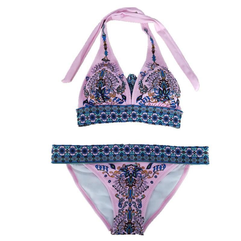 Ethnic Style Red Print Bikini Beach Strap Sexy Leaky Back Halter Split Swimsuit