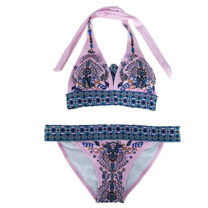 Ethnic Style Red Print Bikini Beach Strap Sexy Leaky Back Halter Split Swimsuit