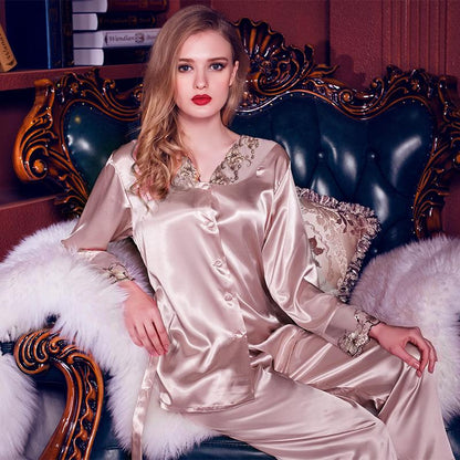 Spring And Summer Long Sleeve Suit Imitation Silk Thin Sexy Lace Large Women'S Home Wear Pajamas
