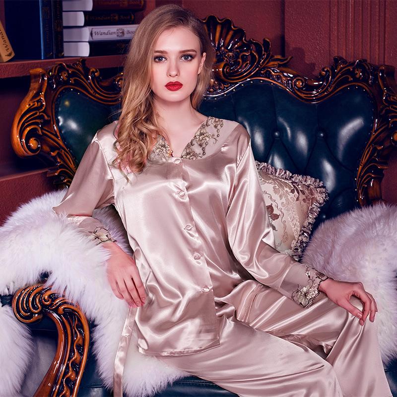 Spring And Summer Long Sleeve Suit Imitation Silk Thin Sexy Lace Large Women'S Home Wear Pajamas