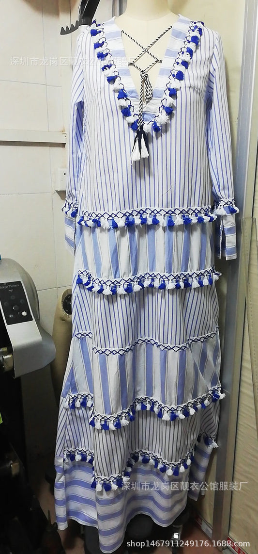V-Neck Striped Stitching Fringed Lace Dress Long Skirt