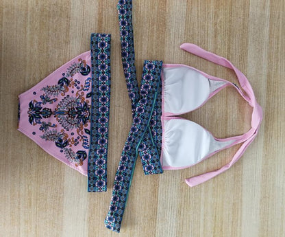 Ethnic Style Red Print Bikini Beach Strap Sexy Leaky Back Halter Split Swimsuit