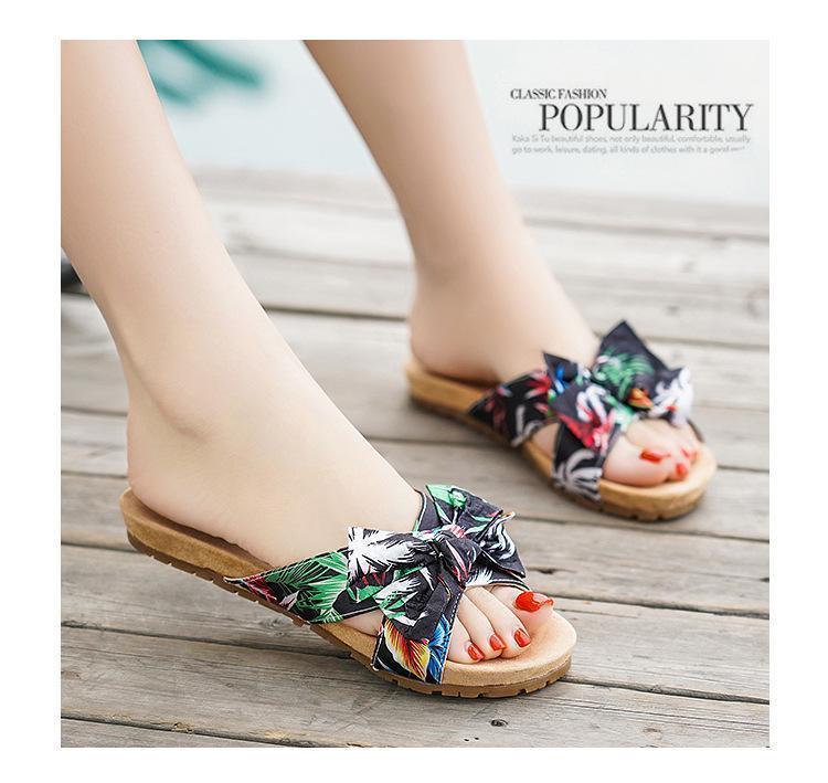 Bohemian Flat Heel Non-Slip Bow Versatile Beach Shoes Slippers