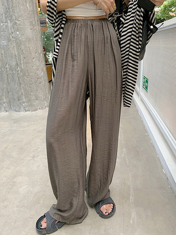 High Waisted Loose Elasticity Pleated Pockets Solid Color Pants