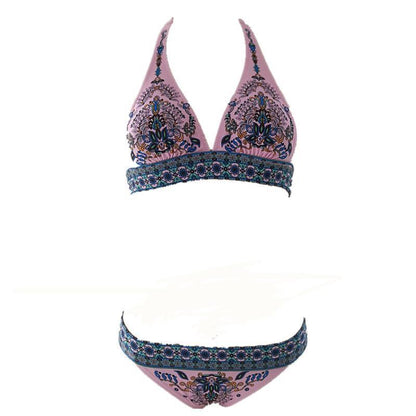 Ethnic Style Red Print Bikini Beach Strap Sexy Leaky Back Halter Split Swimsuit