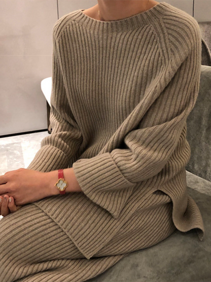 Long Sleeves Wrap Solid Color Split-Side Round-Neck Sweater Tops&Pants Suits