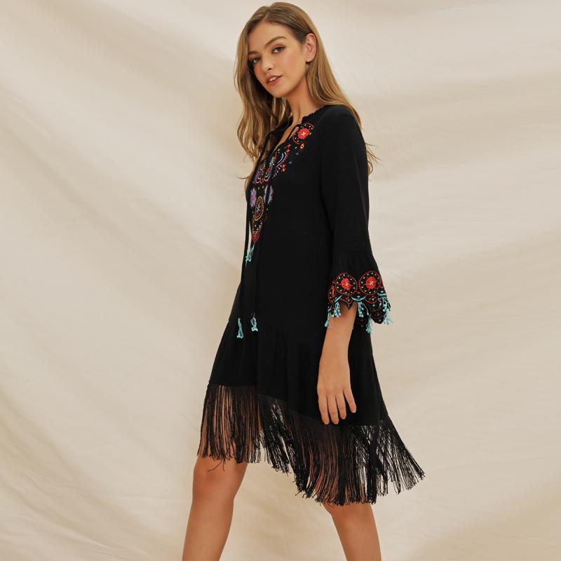 Women'S Lace Up V-Neck Flared Sleeve Ethnic Embroidery Bohemian Dress