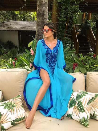 Loose Plus Size Chiffon Embroidered Beach Swimwear Cover-Up