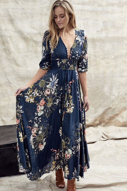 Bohemian Printed V-Neck Buttons Three-Quarter Sleeves Big Sleeve Dress Long Dress