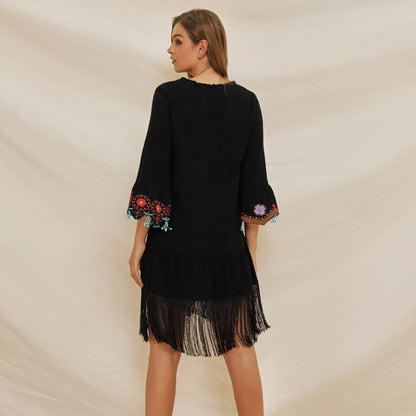 Women'S Lace Up V-Neck Flared Sleeve Ethnic Embroidery Bohemian Dress