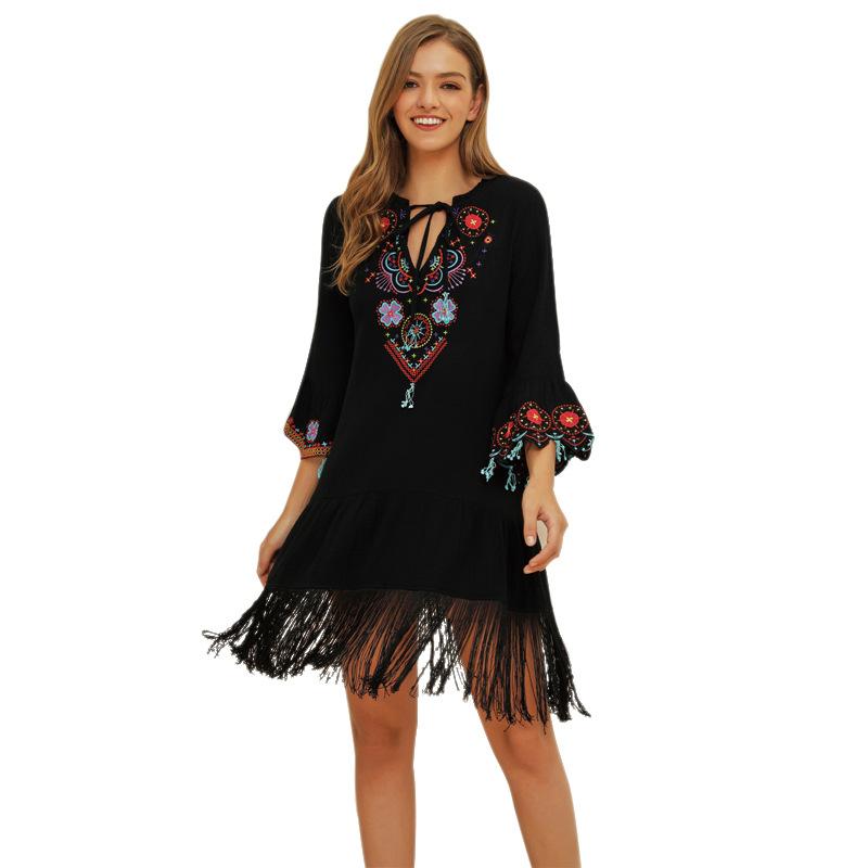 Women'S Lace Up V-Neck Flared Sleeve Ethnic Embroidery Bohemian Dress