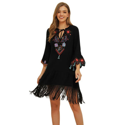 Women'S Lace Up V-Neck Flared Sleeve Ethnic Embroidery Bohemian Dress