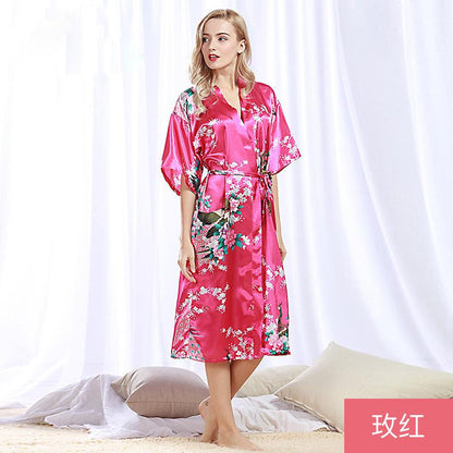 Peacock Nightgown Bathrobe Sexy Cardigan Silk Pajamas Women'S Summer Home Wear 2