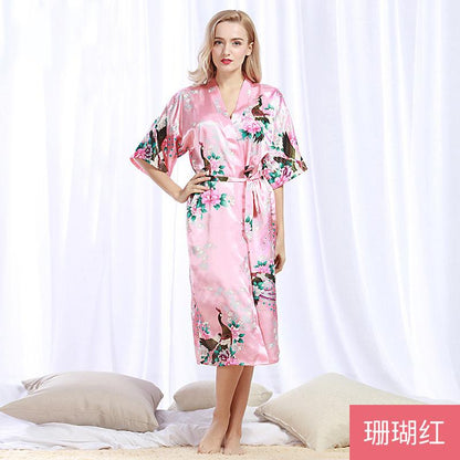 Peacock Nightgown Bathrobe Sexy Cardigan Silk Pajamas Women'S Summer Home Wear 3