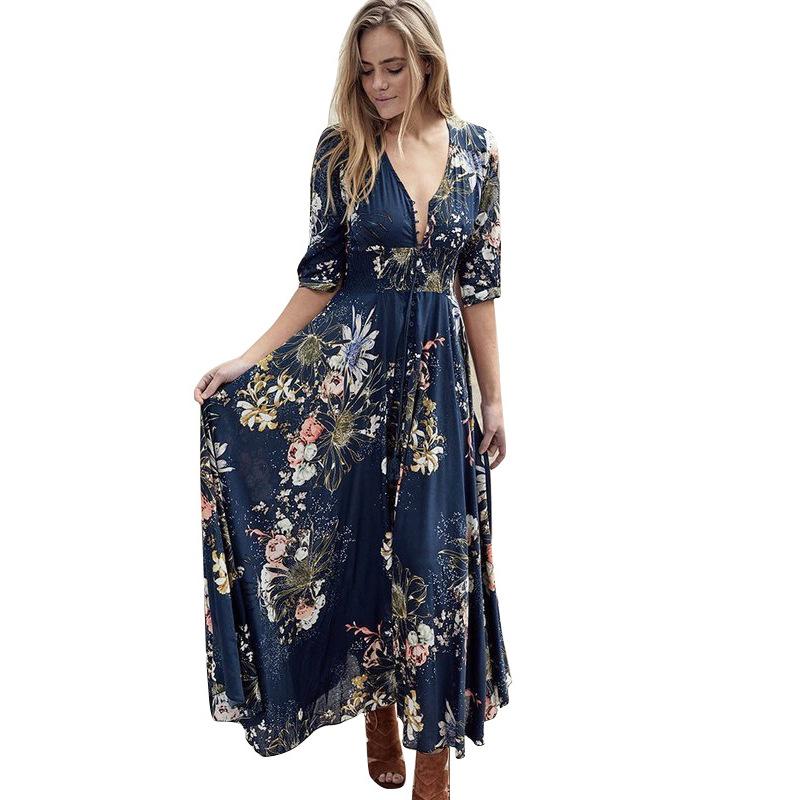 Bohemian Printed V-Neck Buttons Three-Quarter Sleeves Big Sleeve Dress Long Dress