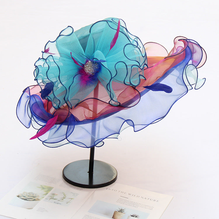 New Ougen Yarn Sunscreen Sun Hat Fashion Crystal Flower Fashion Hat Women'S Summer Gauze Sun Hat