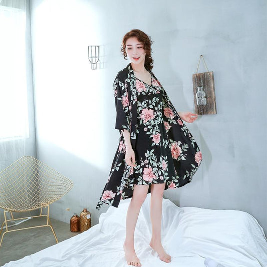 Spring And Summer New Ladies Sexy Hanging Skirt Silk Two-Piece Printed Ice Silk Pajamas Women'S Suit