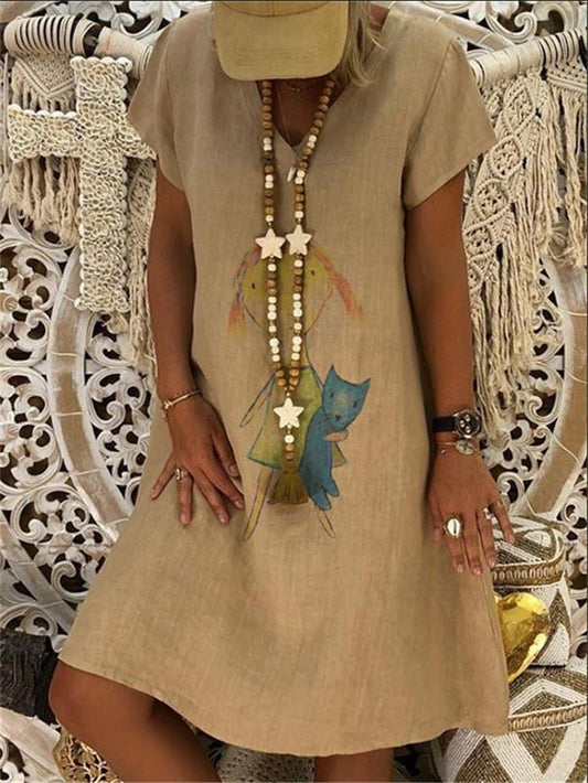 Fashion Printed Short Sleeve V-Neck Bottoming Dress