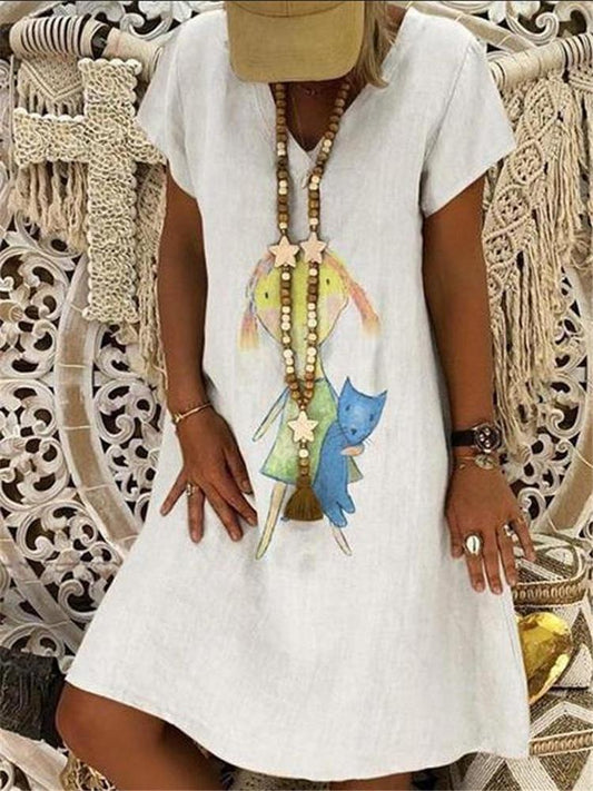 Fashion Printed Short Sleeve V-Neck Bottoming Dress
