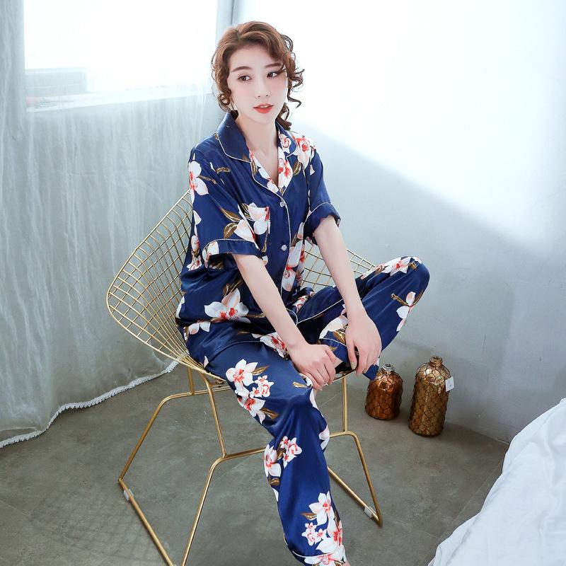 Spring And Summer New Ladies Printed Silk Casual Home Clothes Short Sleeve Trousers Summer Cardigan Pajamas