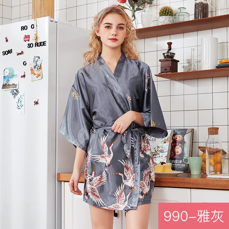 Silk Crane Pajama Girl Summer Mid Sleeve Bride Morning Robe Big Yard Home Robe Bathrobe Color34