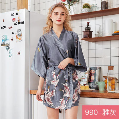 Silk Crane Pajama Girl Summer Mid Sleeve Bride Morning Robe Big Yard Home Robe Bathrobe Color34