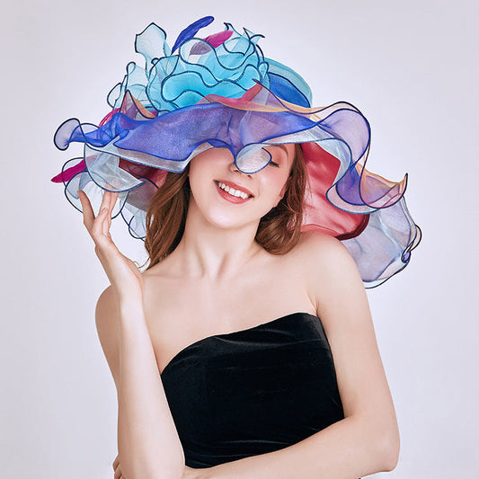 New Ougen Yarn Sunscreen Sun Hat Fashion Crystal Flower Fashion Hat Women'S Summer Gauze Sun Hat