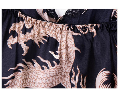 Ice Silk Pajamas Dragon Pattern Summer Silk Sleeping Skirts Women'S Suspenders Shorts Two Suit Pendant Home Clothes