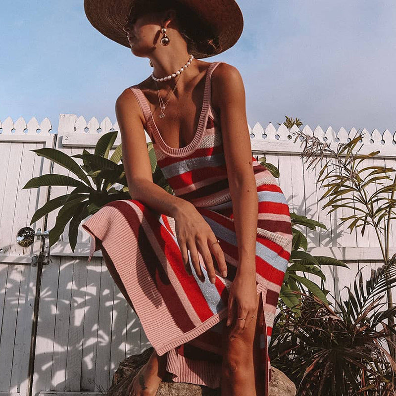 Summer Knit Maxi Dress Women'S Sleeveless Cutout Open Back Slit Striped Commuter Dress