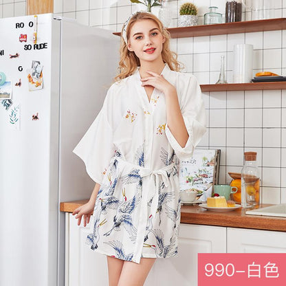Silk Crane Pajama Girl Summer Mid Sleeve Bride Morning Robe Big Yard Home Robe Bathrobe