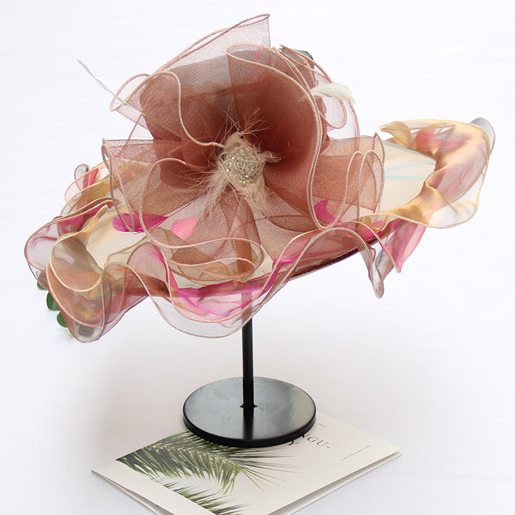New Ougen Yarn Sunscreen Sun Hat Fashion Crystal Flower Fashion Hat Women'S Summer Gauze Sun Hat