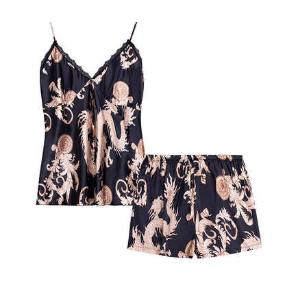 Ice Silk Pajamas Dragon Pattern Summer Silk Sleeping Skirts Women'S Suspenders Shorts Two Suit Pendant Home Clothes