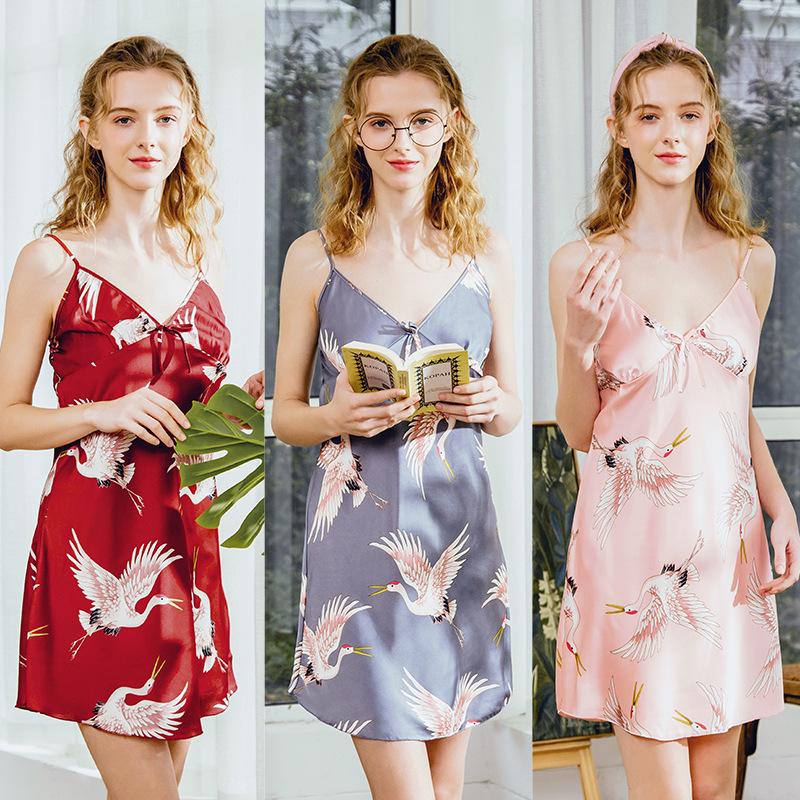 Pajamas Silk Pajamas Women'S Summer Crane Sexy Suspender Nightdress Home Clothes