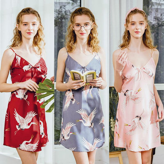 Pajamas Silk Pajamas Women'S Summer Crane Sexy Suspender Nightdress Home Clothes