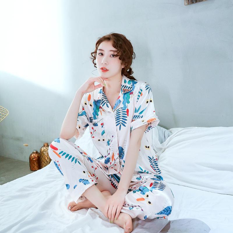 Spring And Summer New Ladies Printed Silk Casual Home Clothes Short Sleeve Trousers Summer Cardigan Pajamas