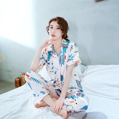 Spring And Summer New Ladies Printed Silk Casual Home Clothes Short Sleeve Trousers Summer Cardigan Pajamas