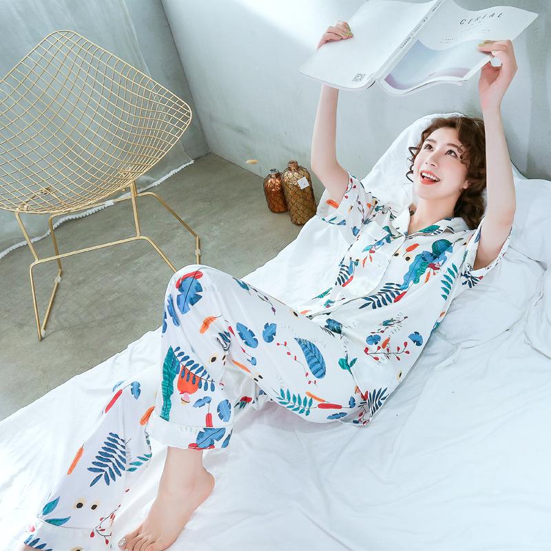 Spring And Summer New Ladies Printed Silk Casual Home Clothes Short Sleeve Trousers Summer Cardigan Pajamas