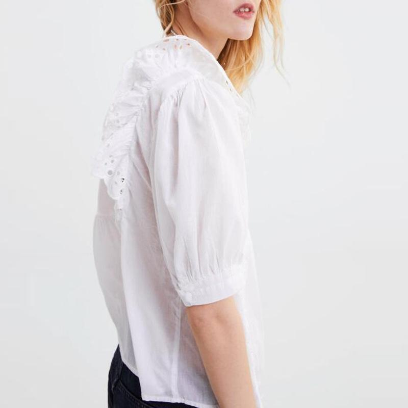 Half Sleeve Loose Solid Color Hollow Round Neck Lace Top