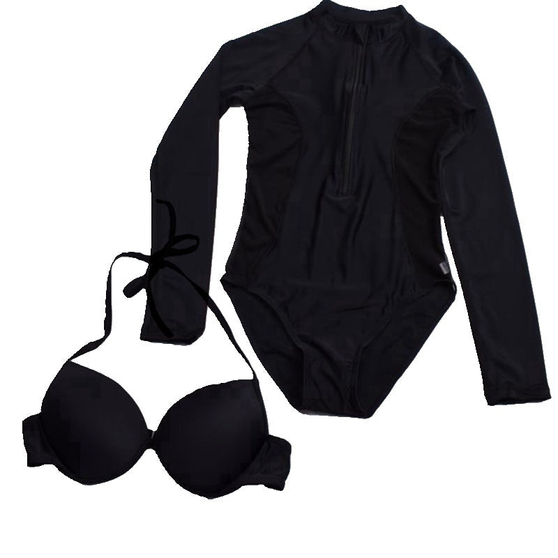 Long Sleeve Diving Suit Surfer Sun Protection Clothing Screen Yarn Perspective Thin Triangle One Body Female Swimsuit