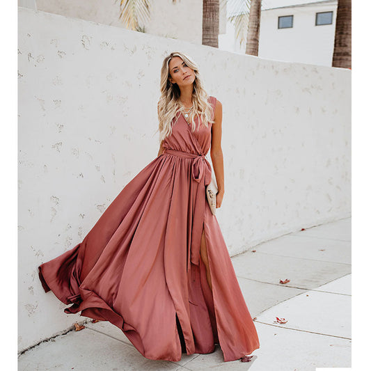 Bohemian Solid V-Neck Sleeveless High Slit Maxi Dress