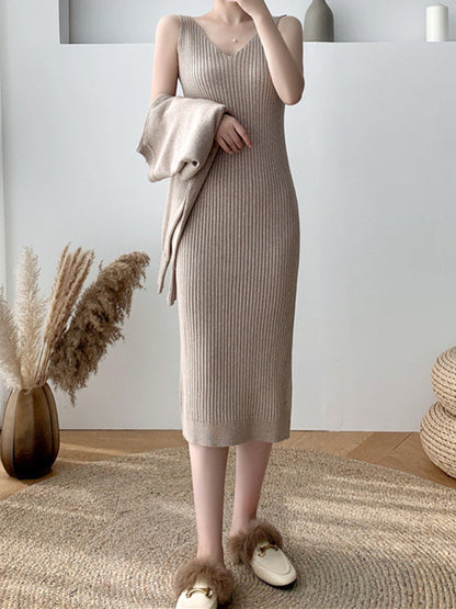 Solid Color Comfort Look-Thin Sweater Tops & Sleeveless Sweater Dresses Suits